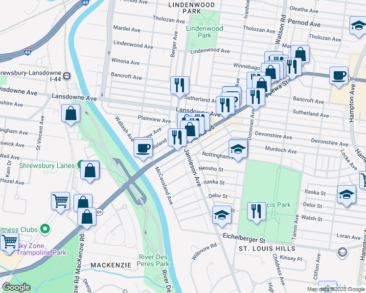 map of restaurants, bars, coffee shops, grocery stores, and more near in St. Louis