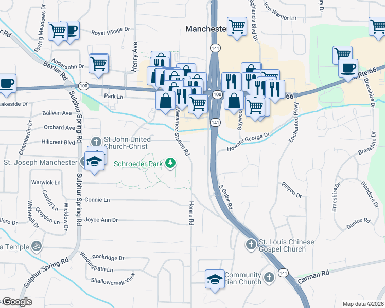 map of restaurants, bars, coffee shops, grocery stores, and more near 311 Meramec Station Road in Ballwin
