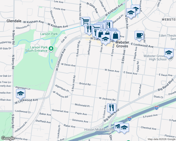 map of restaurants, bars, coffee shops, grocery stores, and more near 203 Parkhurst Terrace in Webster Groves