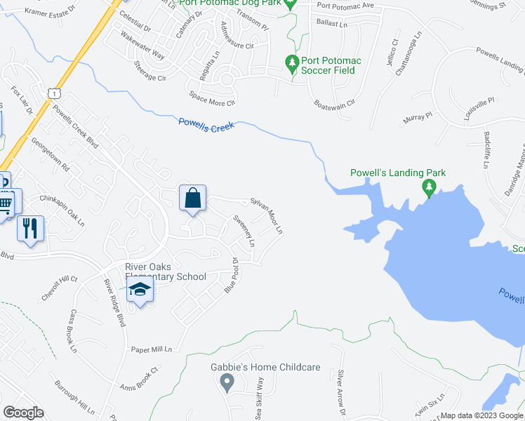 map of restaurants, bars, coffee shops, grocery stores, and more near 16450 Kenneweg Court in Woodbridge
