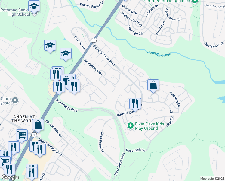 map of restaurants, bars, coffee shops, grocery stores, and more near 16725 Chowning Court in Woodbridge