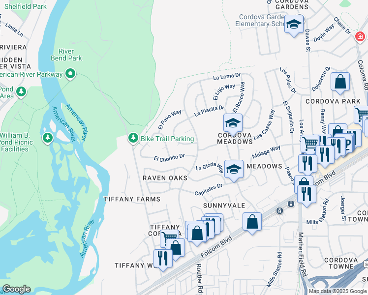 map of restaurants, bars, coffee shops, grocery stores, and more near 2528 El Burlon Circle in Rancho Cordova