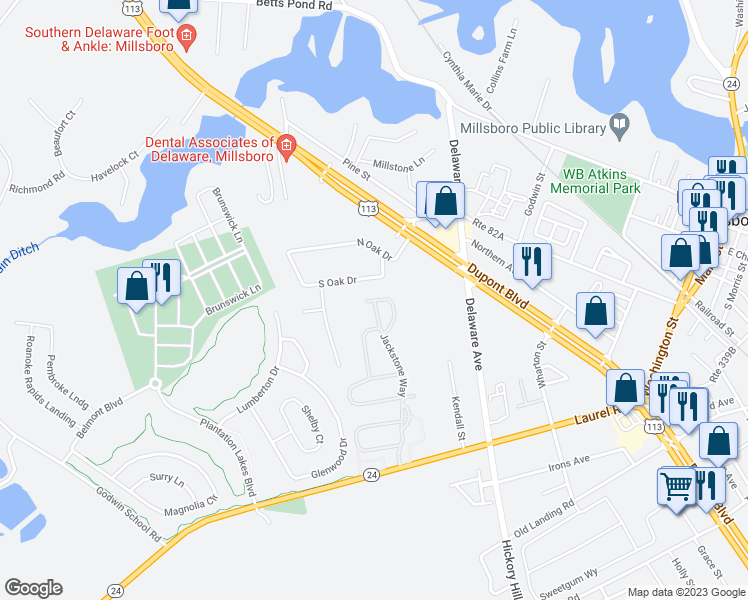 map of restaurants, bars, coffee shops, grocery stores, and more near 19074 Jackstone Way in Millsboro