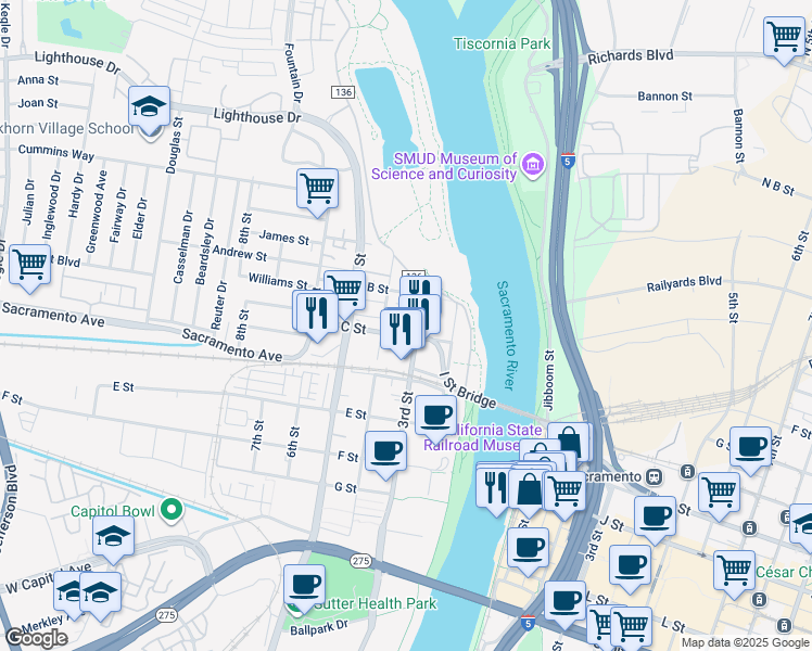map of restaurants, bars, coffee shops, grocery stores, and more near 345 Metro Lane in West Sacramento