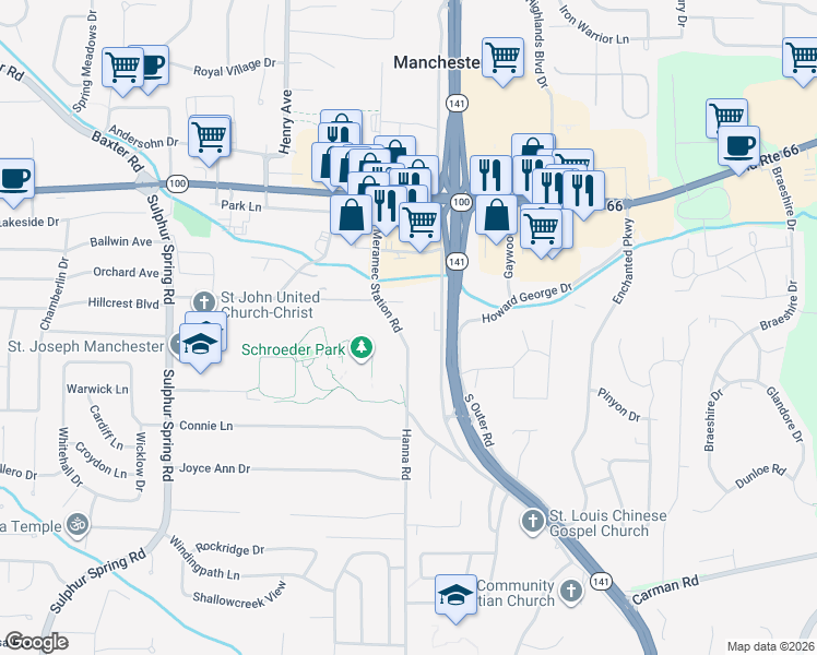 map of restaurants, bars, coffee shops, grocery stores, and more near 311 Meramec Station Road in Ballwin