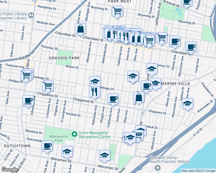 map of restaurants, bars, coffee shops, grocery stores, and more near 2825 Winnebago Street in St. Louis