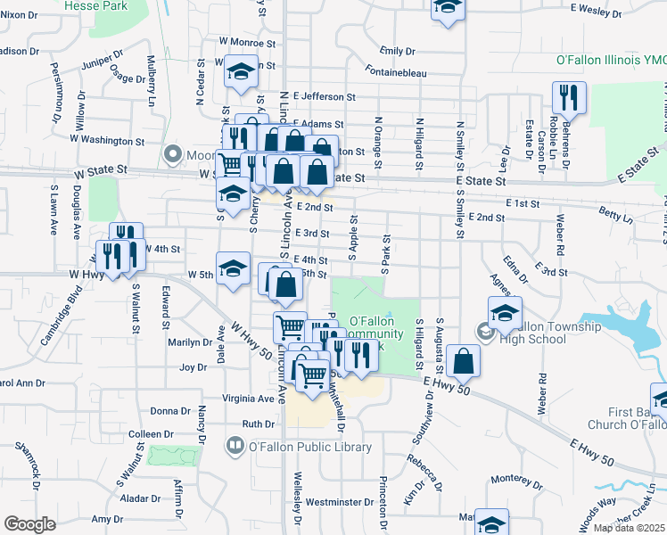 map of restaurants, bars, coffee shops, grocery stores, and more near 207 East 4th Street in O'Fallon