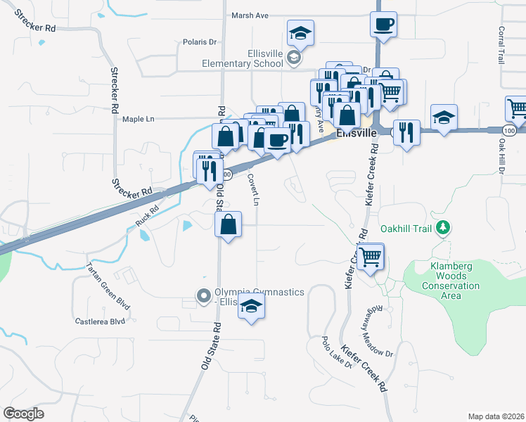 map of restaurants, bars, coffee shops, grocery stores, and more near 55 Covert Lane in Ellisville