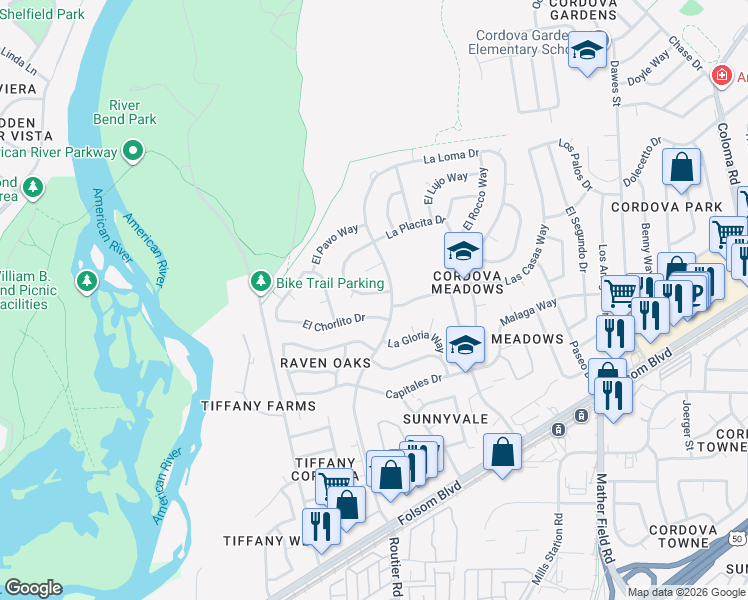 map of restaurants, bars, coffee shops, grocery stores, and more near 2528 El Burlon Circle in Rancho Cordova