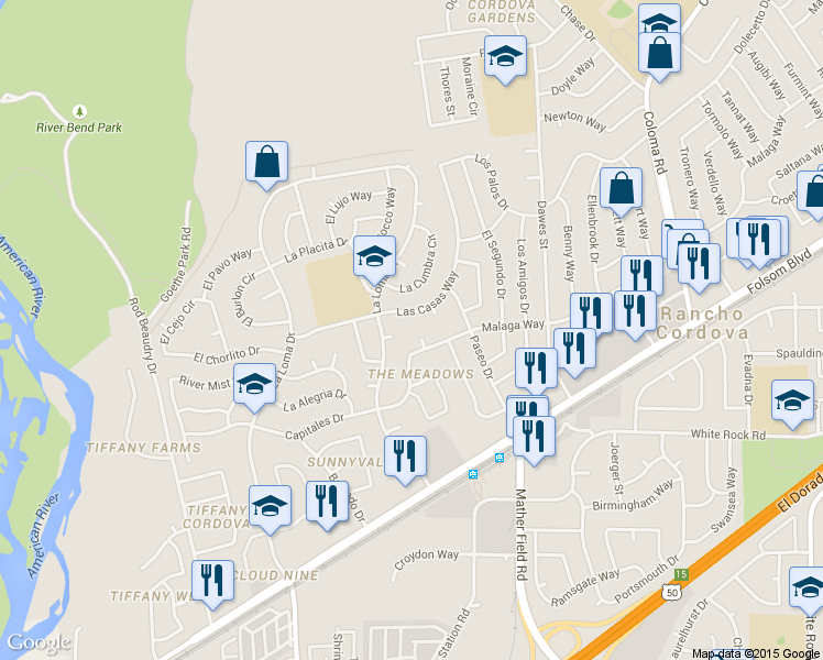 map of restaurants, bars, coffee shops, grocery stores, and more near 10209 Las Tunas Ct in Rancho Cordova