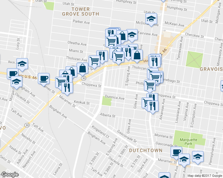 map of restaurants, bars, coffee shops, grocery stores, and more near 3820 Chippewa Street in St. Louis