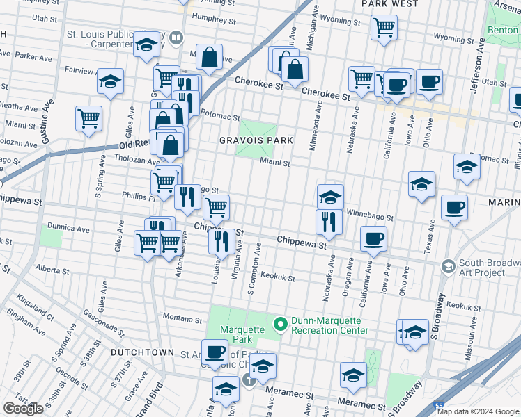 map of restaurants, bars, coffee shops, grocery stores, and more near 3715 South Compton Avenue in St. Louis