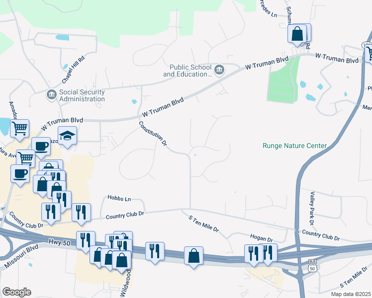 map of restaurants, bars, coffee shops, grocery stores, and more near 255 Constitution Drive in Jefferson City