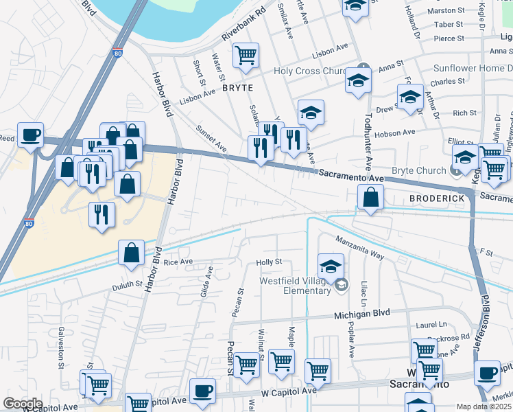 map of restaurants, bars, coffee shops, grocery stores, and more near 1633 Citrus Street in West Sacramento