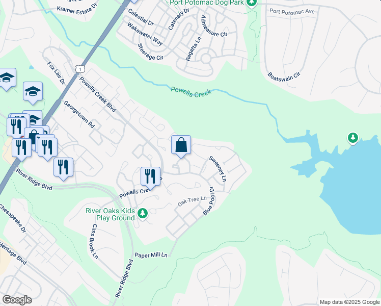 map of restaurants, bars, coffee shops, grocery stores, and more near 2581 Grayton Lane in Woodbridge