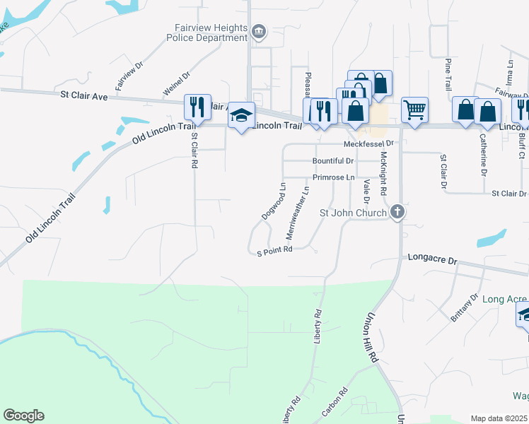 map of restaurants, bars, coffee shops, grocery stores, and more near 210 Dogwood Lane in Fairview Heights