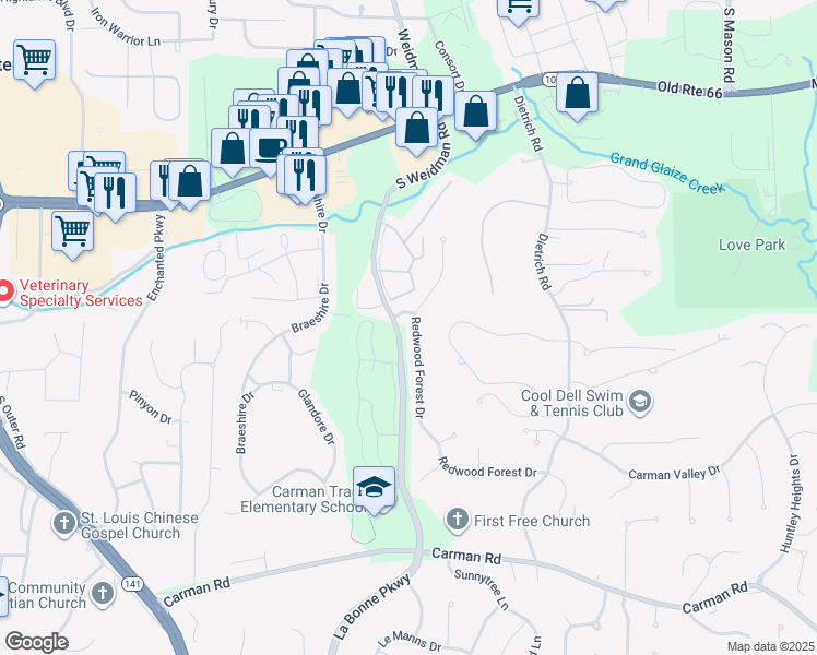 map of restaurants, bars, coffee shops, grocery stores, and more near 411 Redwood Forest Drive in Ballwin