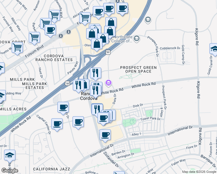 map of restaurants, bars, coffee shops, grocery stores, and more near 2701 Prospect Park Drive in Rancho Cordova