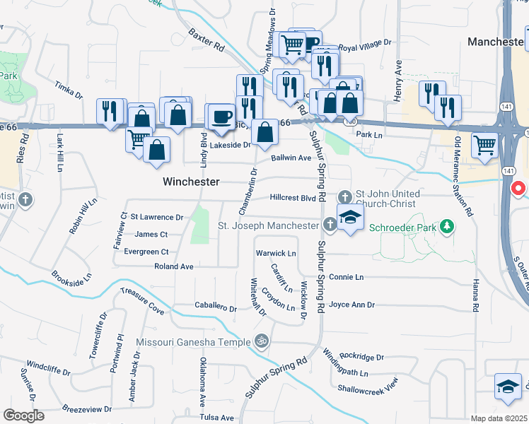 map of restaurants, bars, coffee shops, grocery stores, and more near 329 Saint Lawrence Drive in Ballwin