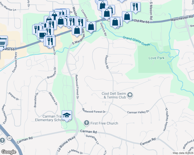 map of restaurants, bars, coffee shops, grocery stores, and more near 1443 Dietrich Oaks Drive in Ballwin