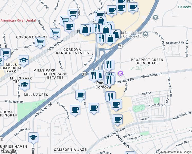 map of restaurants, bars, coffee shops, grocery stores, and more near 10721 White Rock Road in Rancho Cordova