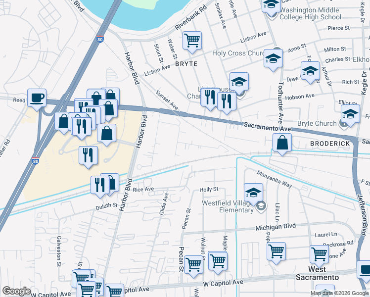 map of restaurants, bars, coffee shops, grocery stores, and more near 901 Elm Street in West Sacramento