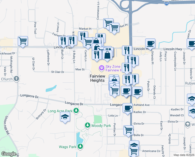 map of restaurants, bars, coffee shops, grocery stores, and more near  in Fairview Heights