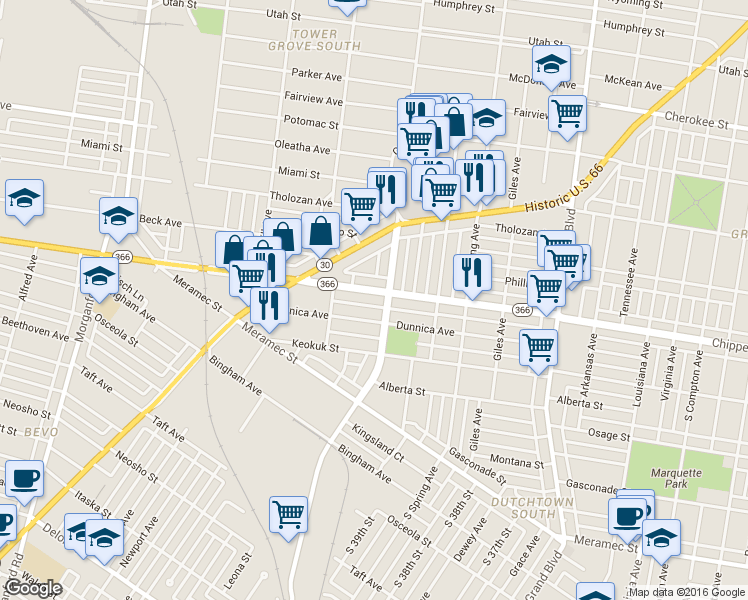 map of restaurants, bars, coffee shops, grocery stores, and more near 3803 Gustine Avenue in St. Louis