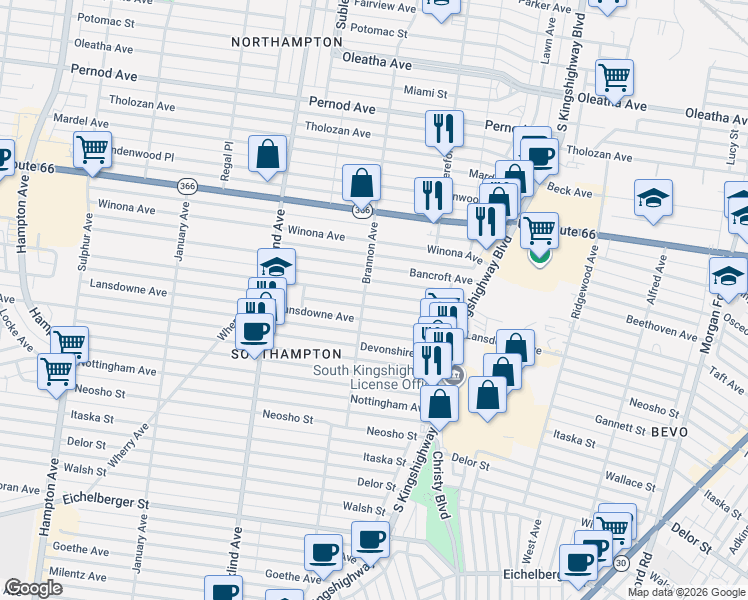 map of restaurants, bars, coffee shops, grocery stores, and more near 5028 Sutherland Avenue in St. Louis