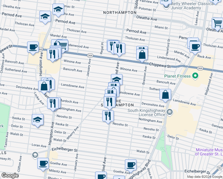 map of restaurants, bars, coffee shops, grocery stores, and more near 5507 Lansdowne Avenue in St. Louis