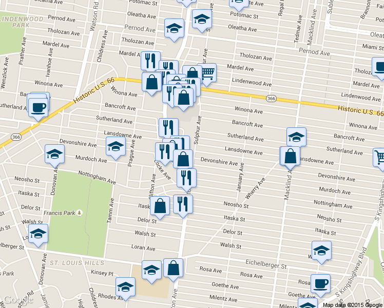 map of restaurants, bars, coffee shops, grocery stores, and more near 5809 Devonshire Avenue in St. Louis