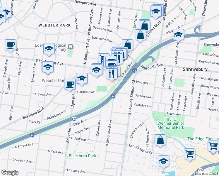map of restaurants, bars, coffee shops, grocery stores, and more near 45 South Old Orchard Avenue in Webster Groves