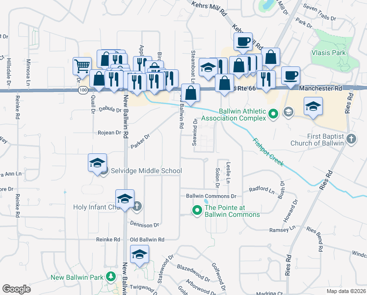 map of restaurants, bars, coffee shops, grocery stores, and more near 140 Old Ballwin Road in Ballwin