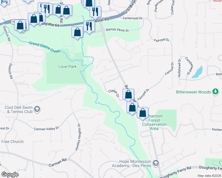 map of restaurants, bars, coffee shops, grocery stores, and more near 2432 Clarjon Drive in Ballwin
