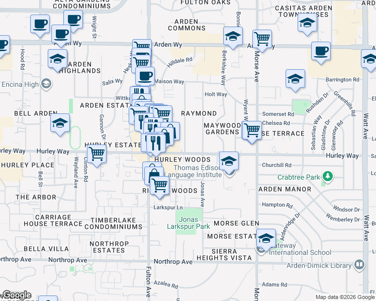 map of restaurants, bars, coffee shops, grocery stores, and more near 1300 Rowena Way in Sacramento
