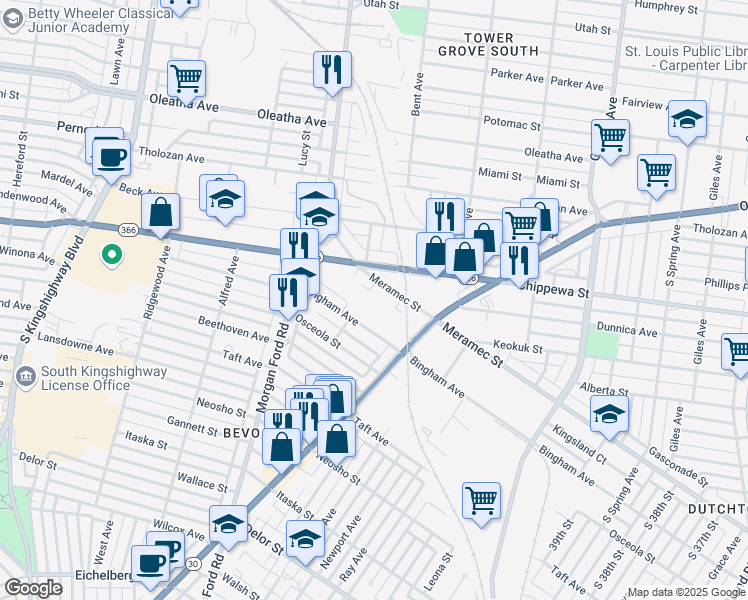 map of restaurants, bars, coffee shops, grocery stores, and more near 4168 Meramec Street in St. Louis