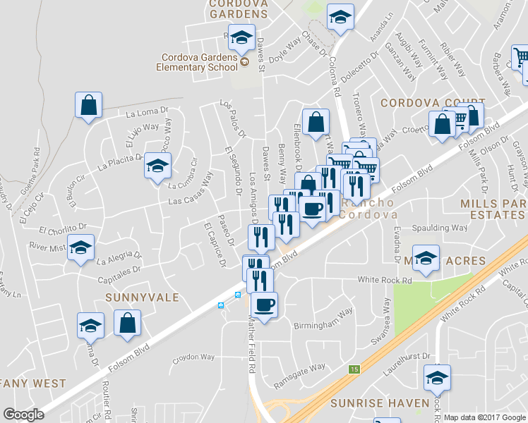 map of restaurants, bars, coffee shops, grocery stores, and more near 10274 Malaga Way in Rancho Cordova