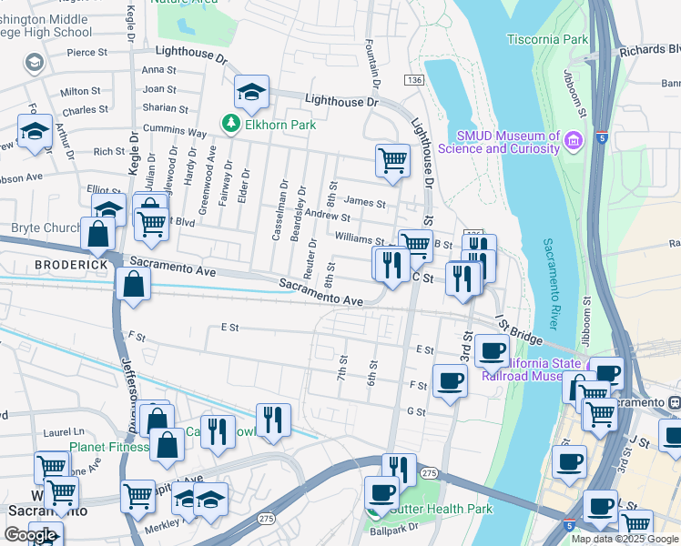 map of restaurants, bars, coffee shops, grocery stores, and more near 652 California Street in West Sacramento
