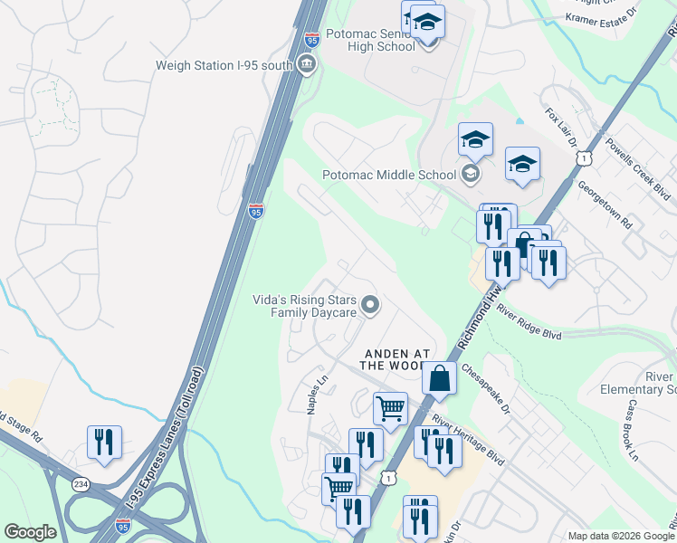 map of restaurants, bars, coffee shops, grocery stores, and more near 3333 Cape May Court in Dumfries
