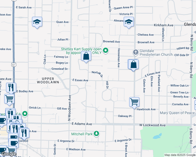 map of restaurants, bars, coffee shops, grocery stores, and more near 625 East Essex Avenue in Kirkwood