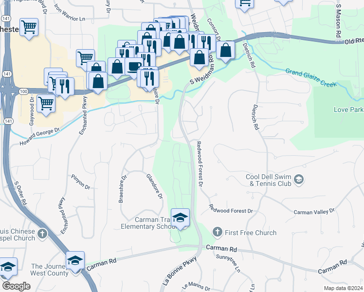 map of restaurants, bars, coffee shops, grocery stores, and more near 350 Point Return Drive in Ballwin