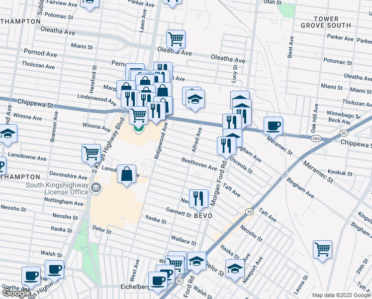 map of restaurants, bars, coffee shops, grocery stores, and more near 4414 Osceola Street in St. Louis