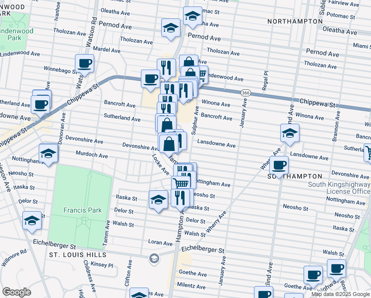 map of restaurants, bars, coffee shops, grocery stores, and more near 5809 Devonshire Avenue in St. Louis