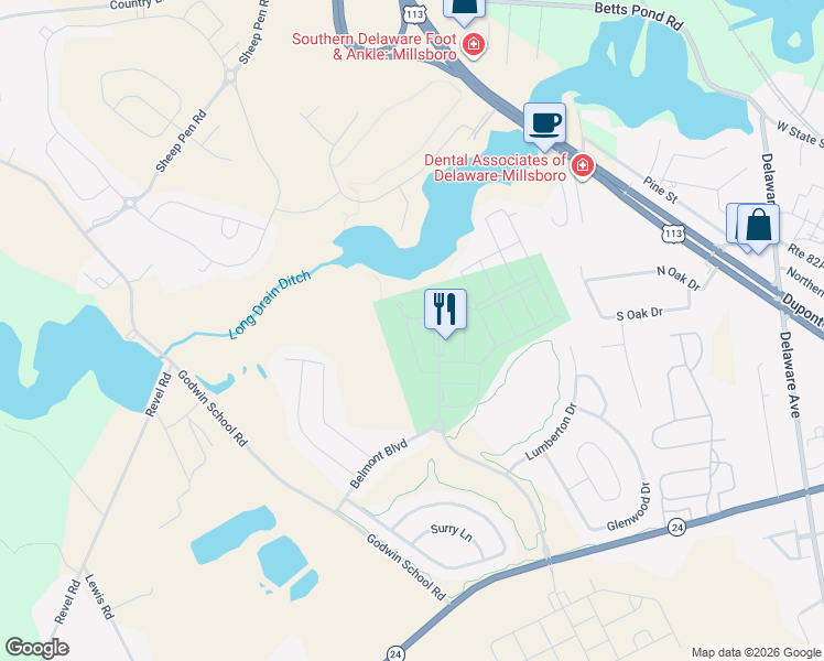 map of restaurants, bars, coffee shops, grocery stores, and more near 27797 Belmont Boulevard in Millsboro