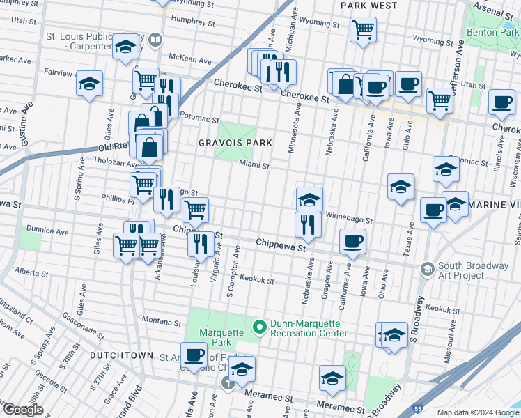 map of restaurants, bars, coffee shops, grocery stores, and more near 3128 Winnebago Street in St. Louis