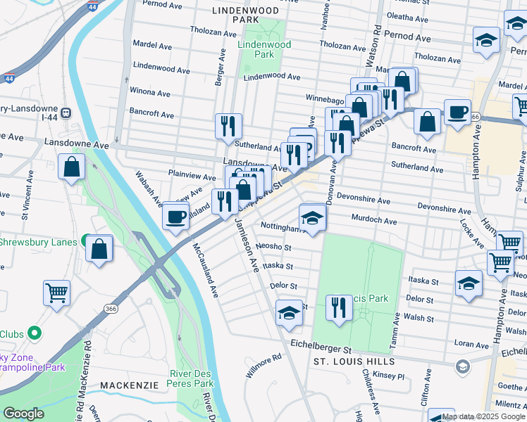 map of restaurants, bars, coffee shops, grocery stores, and more near 6663 Devonshire Avenue in St. Louis