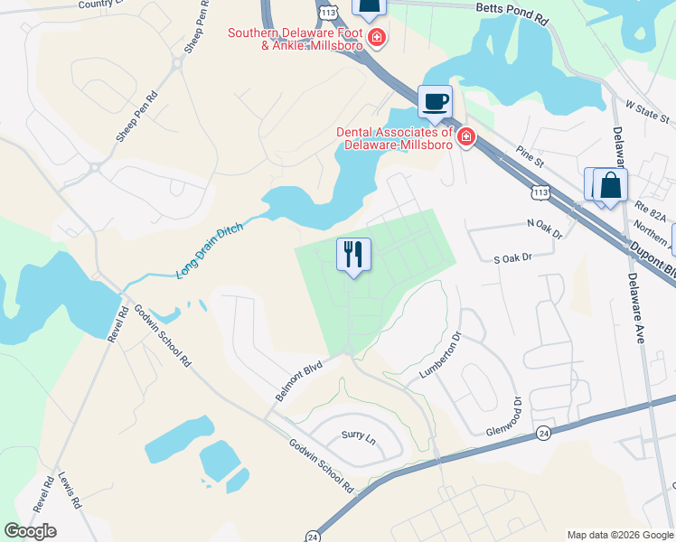 map of restaurants, bars, coffee shops, grocery stores, and more near 27797 Belmont Boulevard in Millsboro