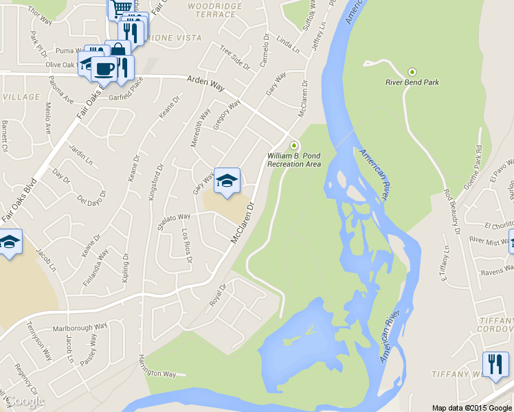 map of restaurants, bars, coffee shops, grocery stores, and more near 1342 McClaren Drive in Carmichael