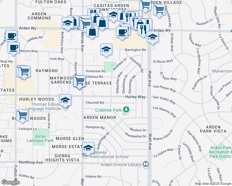map of restaurants, bars, coffee shops, grocery stores, and more near 1305 Sebastian Way in Sacramento