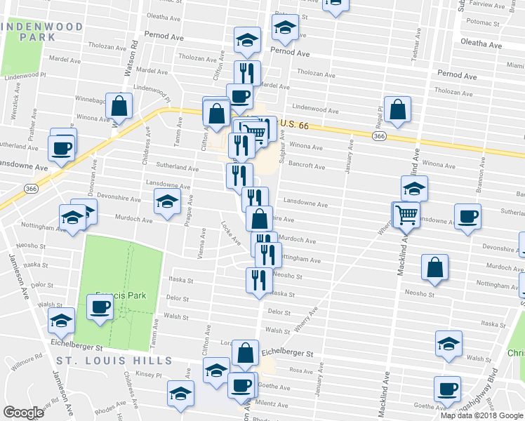 map of restaurants, bars, coffee shops, grocery stores, and more near 5819 Devonshire Avenue in Saint Louis